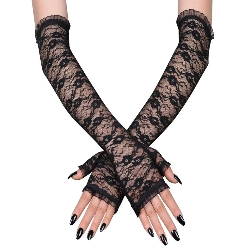 Women's Halloween Black 3 Dress Fingerless Spider Gothic Playing Lace Gloves